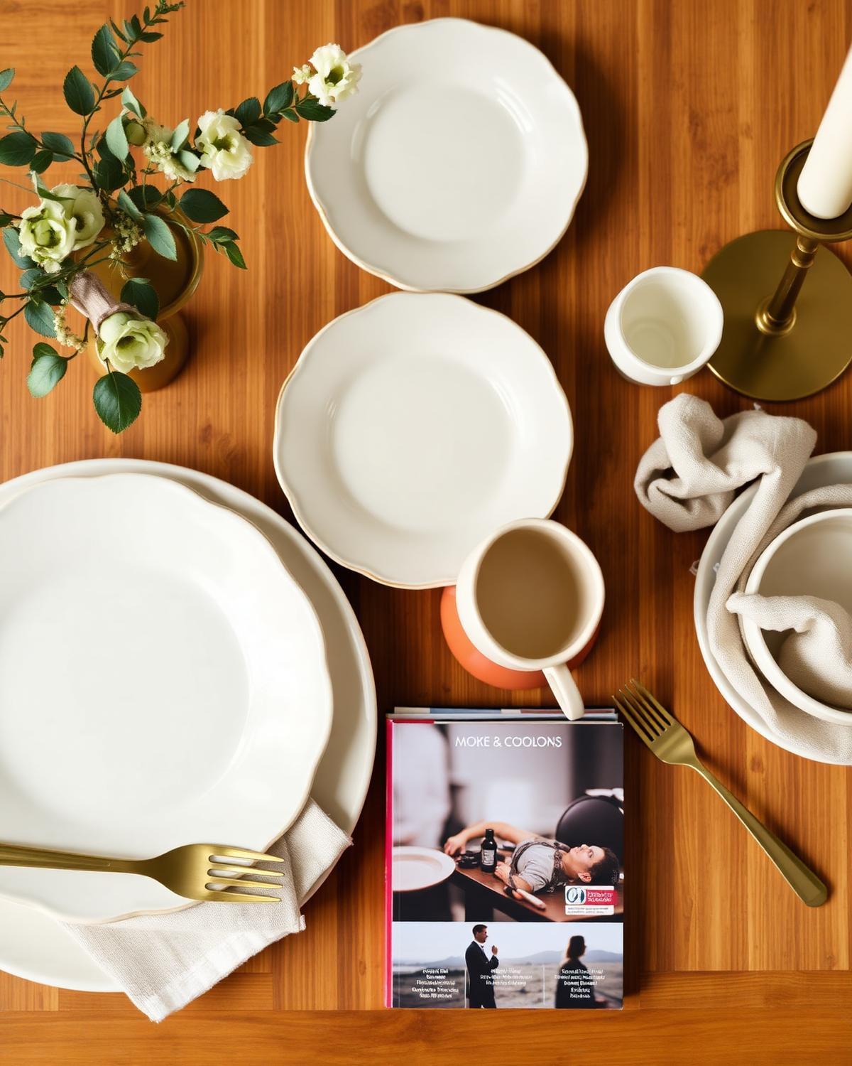 Curated wedding registry flat lay with ceramics and brass